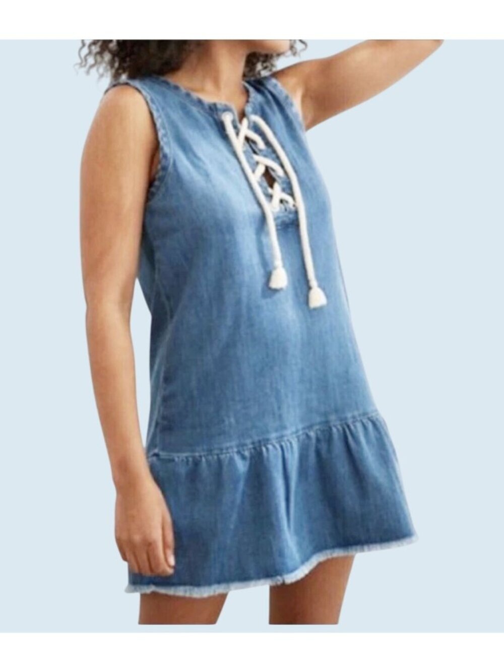 AERIE Denim Sleeveless Lace Up Drop Waist Peplum Nautical Summer Dress Sz M